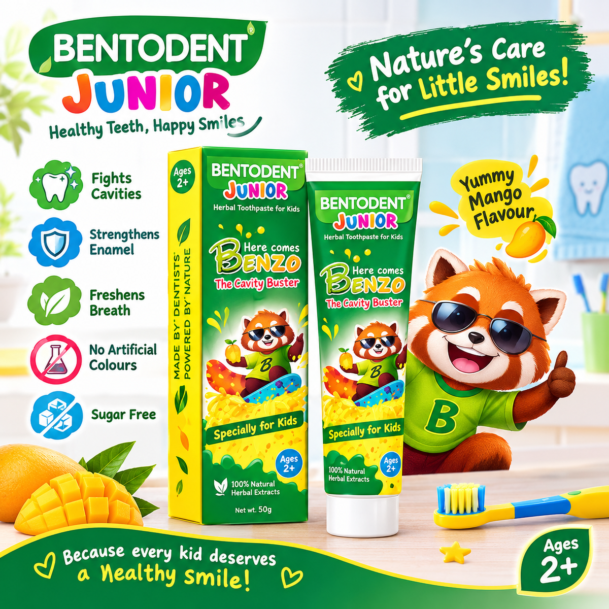 Bentodent 100% Natural Kids Splashin Mango Toothpaste, Fluoride Free,  Sls Free, Complete oral care protection for kids, Fresh Breath, Best toothpaste for kids 2+ years 100g