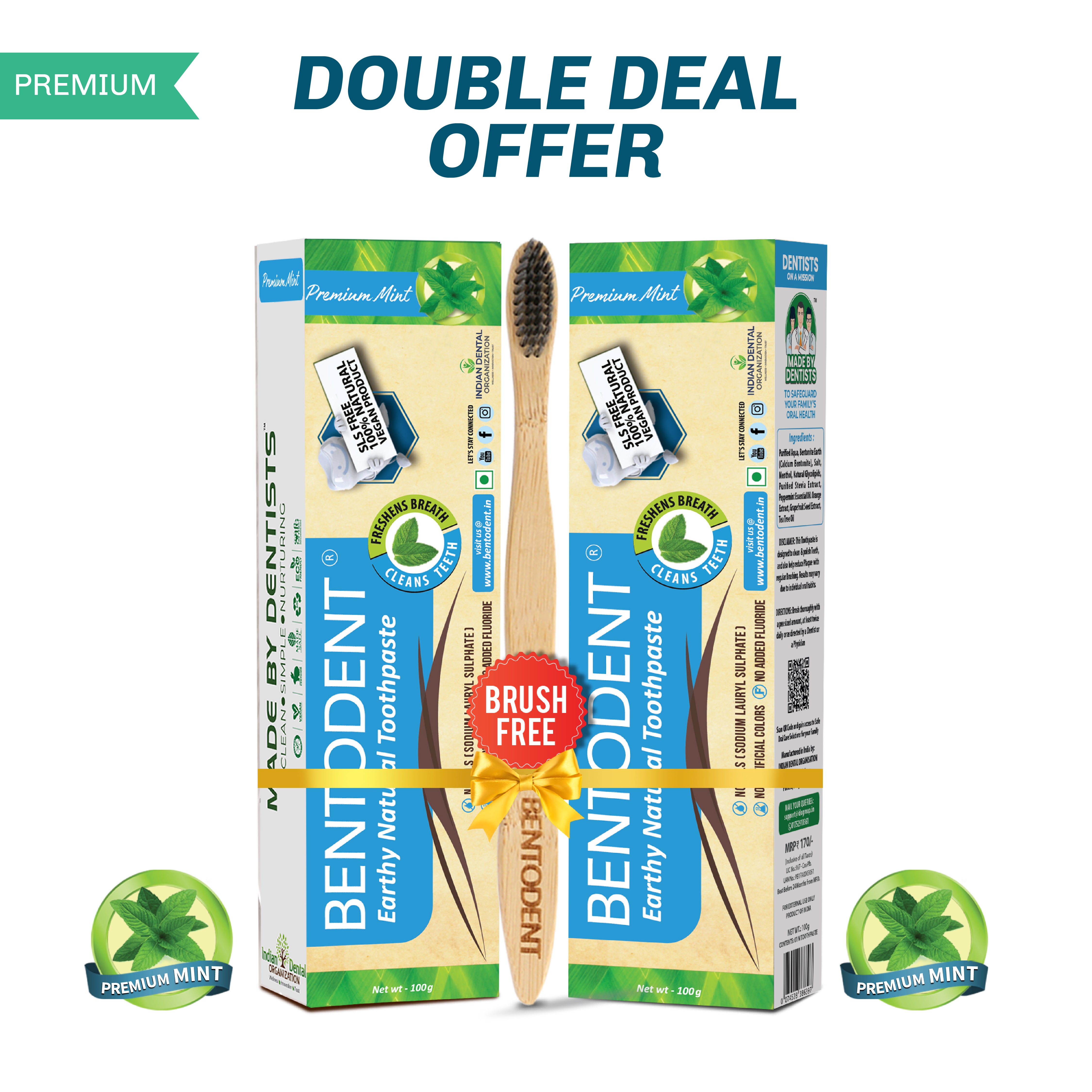 Bentodent Premium Mint Natural Toothpaste (Twin Pack) - 100 gm each