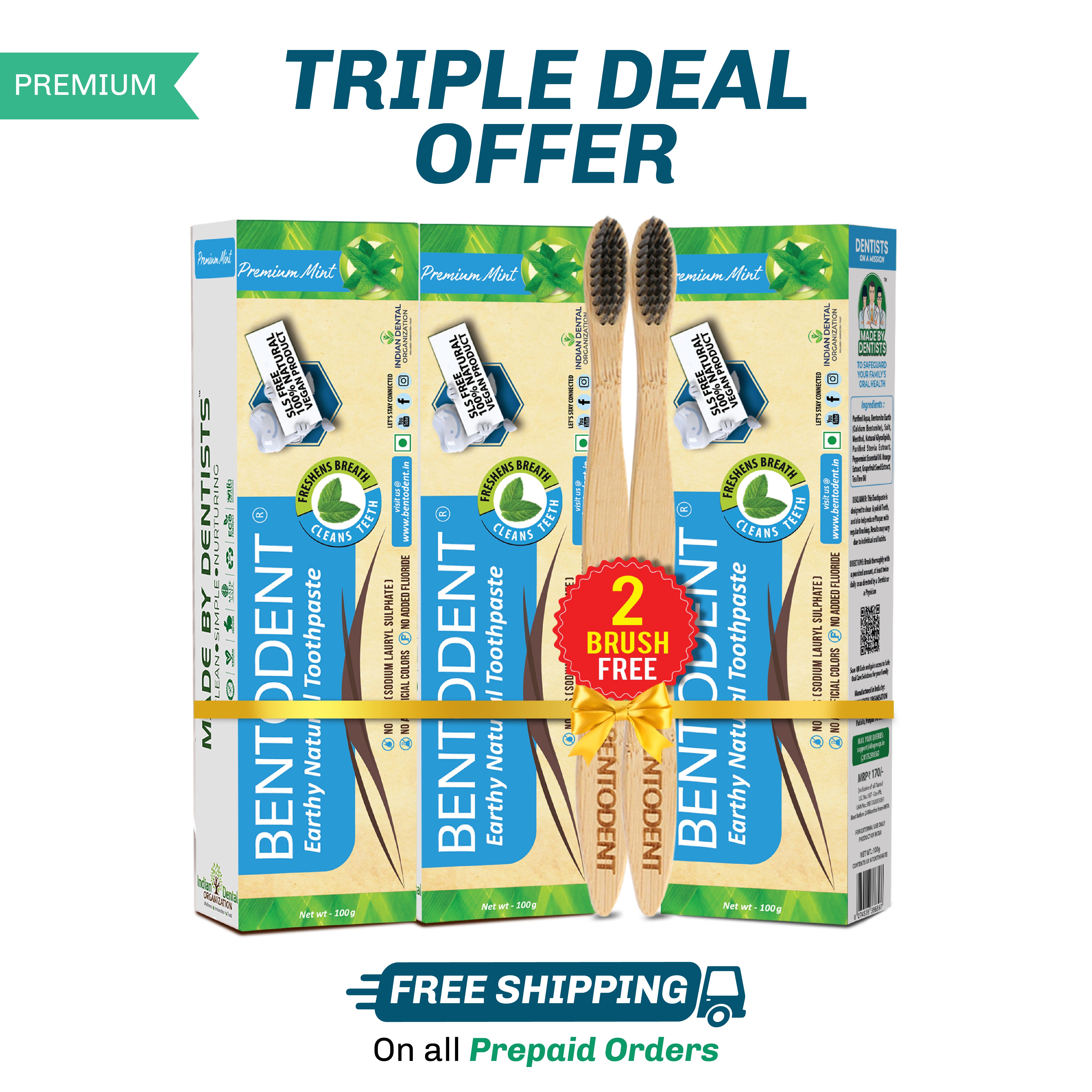 Bentodent Premium Mint Herbal Toothpaste - SLS Free , Natural & Fluoride Free - 100 gm