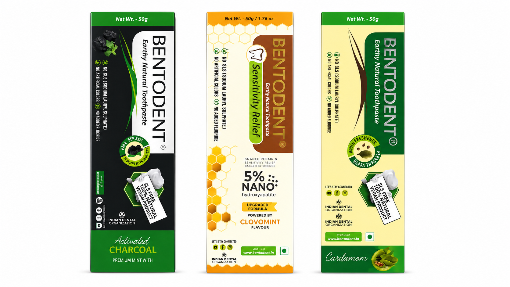 BENTODENT Natural Toothpaste Combo Pack of 3 (50g Each) | Charcoal, Sensitivity Relief & Cardamom | Travel & Trial Pack