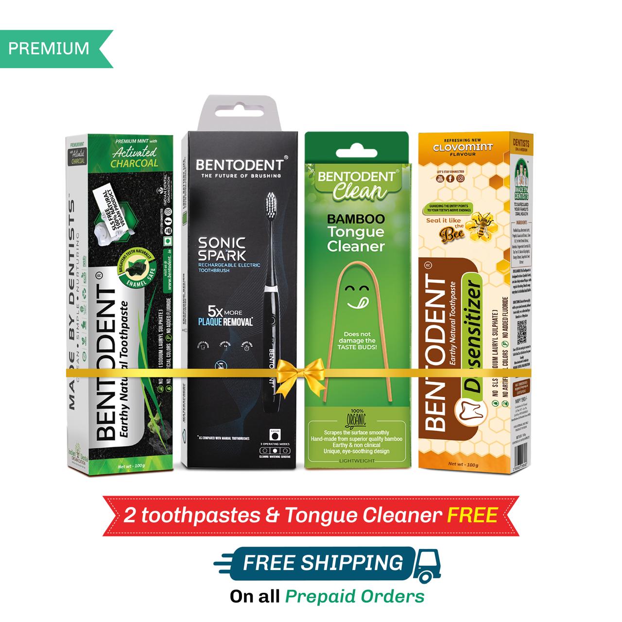 Season of Smile Special Gift Hamper Box -Advanced Rechargeable Electric Toothbrush -Sonic Spark with Free Charcoal, Sensitivity Relief ,Cardamom ) and Tongue Cleaner / Pack of 1