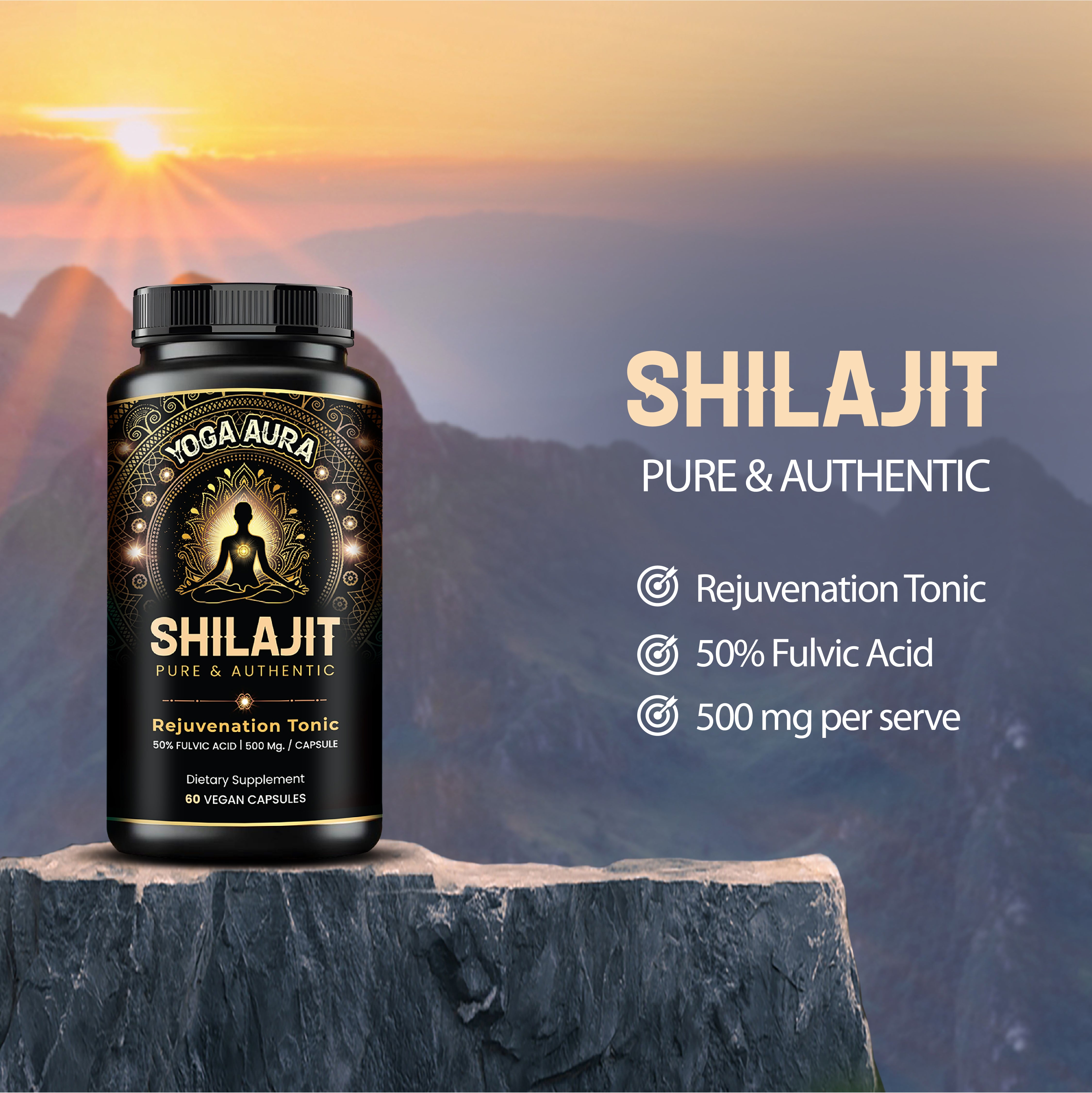 Yoga Aura 100% Pure Shilajit – 500 mg, 50% Fulvic Acid | Lab-Tested with COA | Canada & USA |
