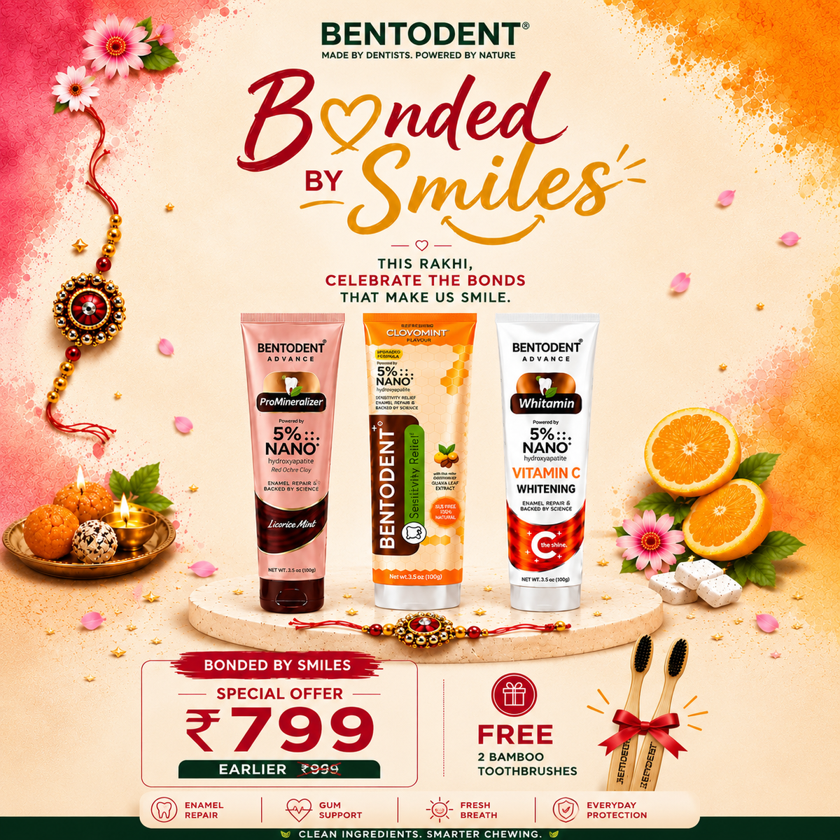 # Product Title  **Bentodent Advance 5% High Purity Nano Hydroxyapatite Toothpaste Collection | Repair, Protect & Whitening | Pack of 3 (Promineraliser, Vitamin C Whitening & Sensitivity Relief) | 300g | FREE 2 Bamboo Toothbrushes**