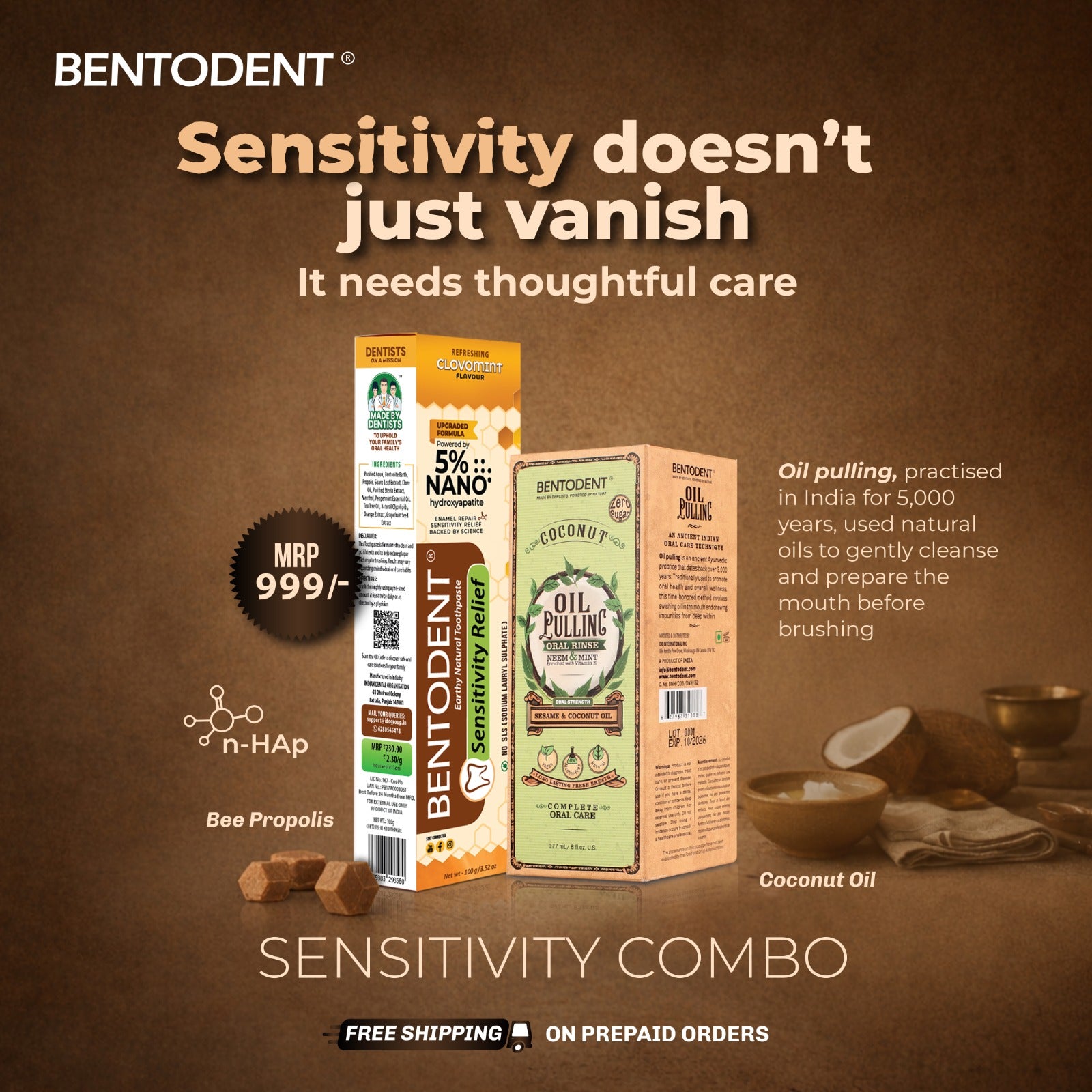 Bentodent Sensitivity Relief Toothpaste with Oil Pulling oral rinse gently cleanses and prepares the mouth before brushing Combo