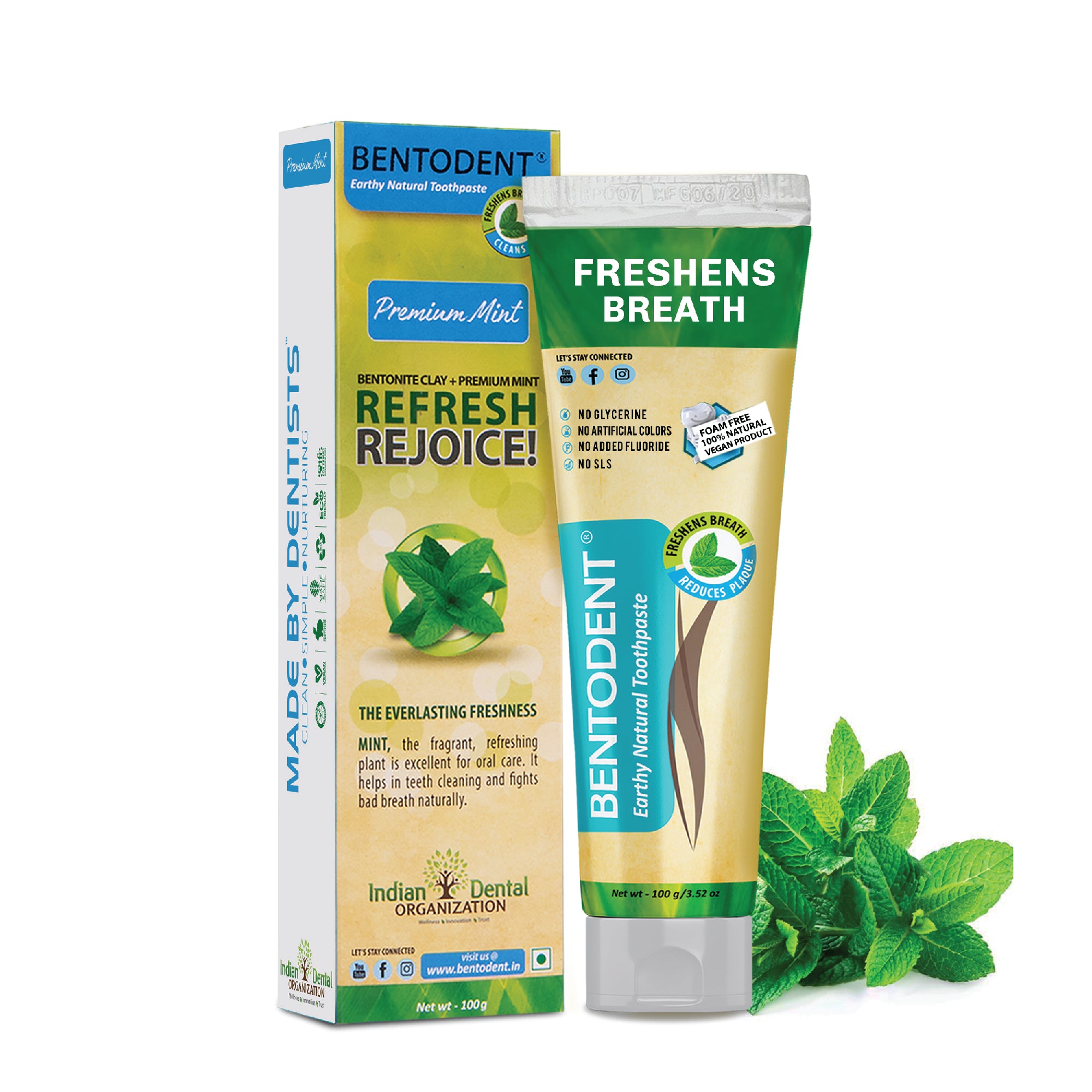Bentodent Premium Mint Herbal Toothpaste - Natural & Fluoride Free - 100 gm - Indian Dental Organization