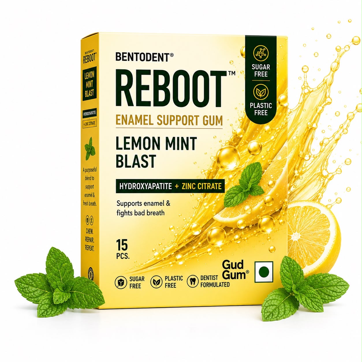BENTODENT REBOOT Premium Enamel Support Gum – Lemon Mint Blast | Hydroxyapatite + Zinc Citrate | Sugar Free Gum for Fresh Breath & Enamel Care | Biodegradable Gum Base | 15 Pcs