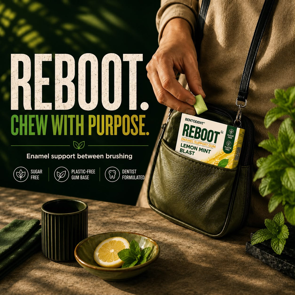 BENTODENT REBOOT Premium Enamel Support Gum – Lemon Mint Blast | Hydroxyapatite + Zinc Citrate | Sugar Free Gum for Fresh Breath & Enamel Care | Biodegradable Gum Base | 15 Pcs